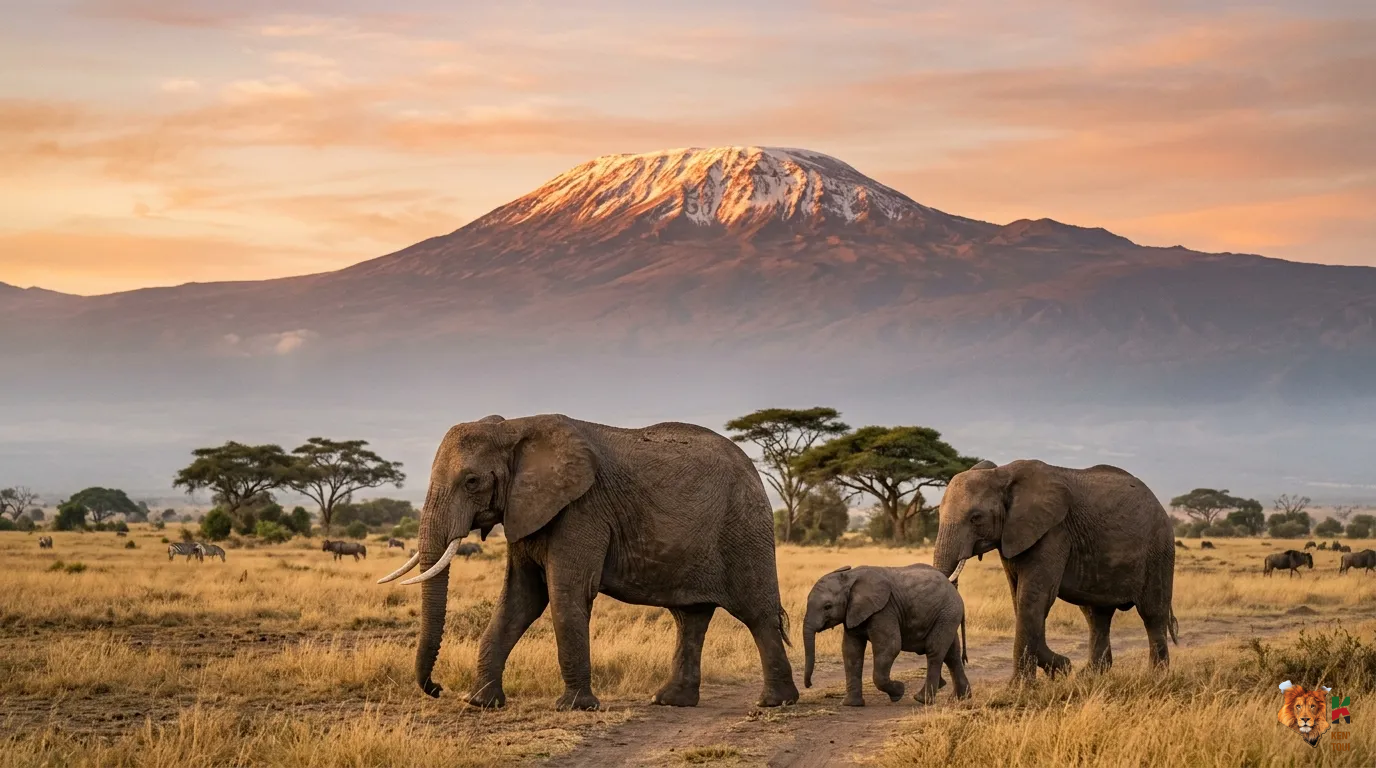 Custom Kenya Safari: 2026 Tailor-Made Trips & Prices 13 Herd of African elephants walking across the savanna past Mount Kilimanjaro during a 2026 East Africa safari tour.