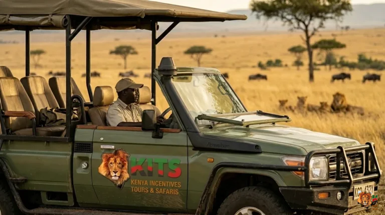 Kenya luxury safari packages vehicle parked close to a pride of lions resting in the grass at Maasai Mara.